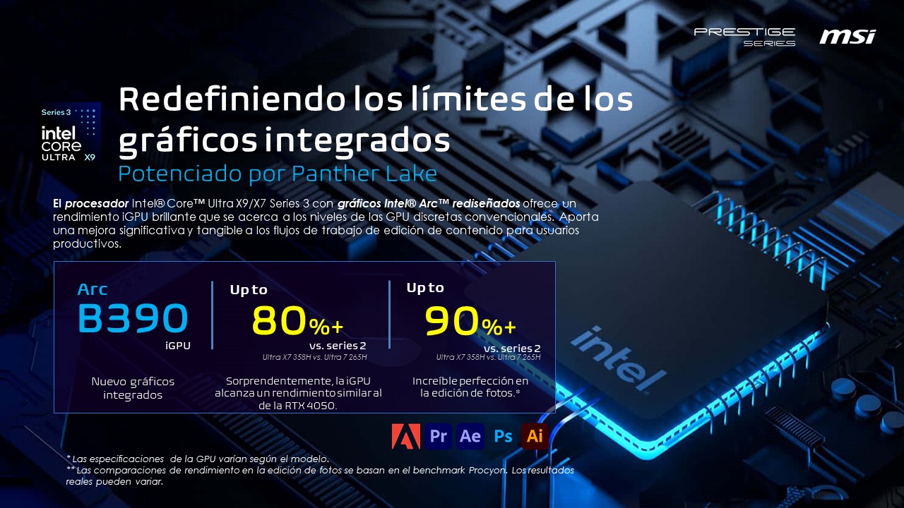 Prestige series powered by up to Intel® Core™ Ultra X9, the integrated Intel® Arc™ GPU brings near–entry-level discrete graphics performance for productivity and light creative work.