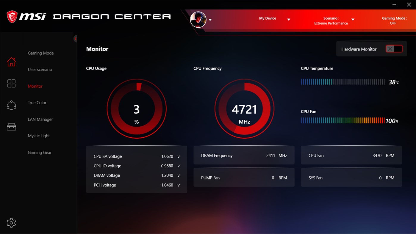 msi dragon center software control mode