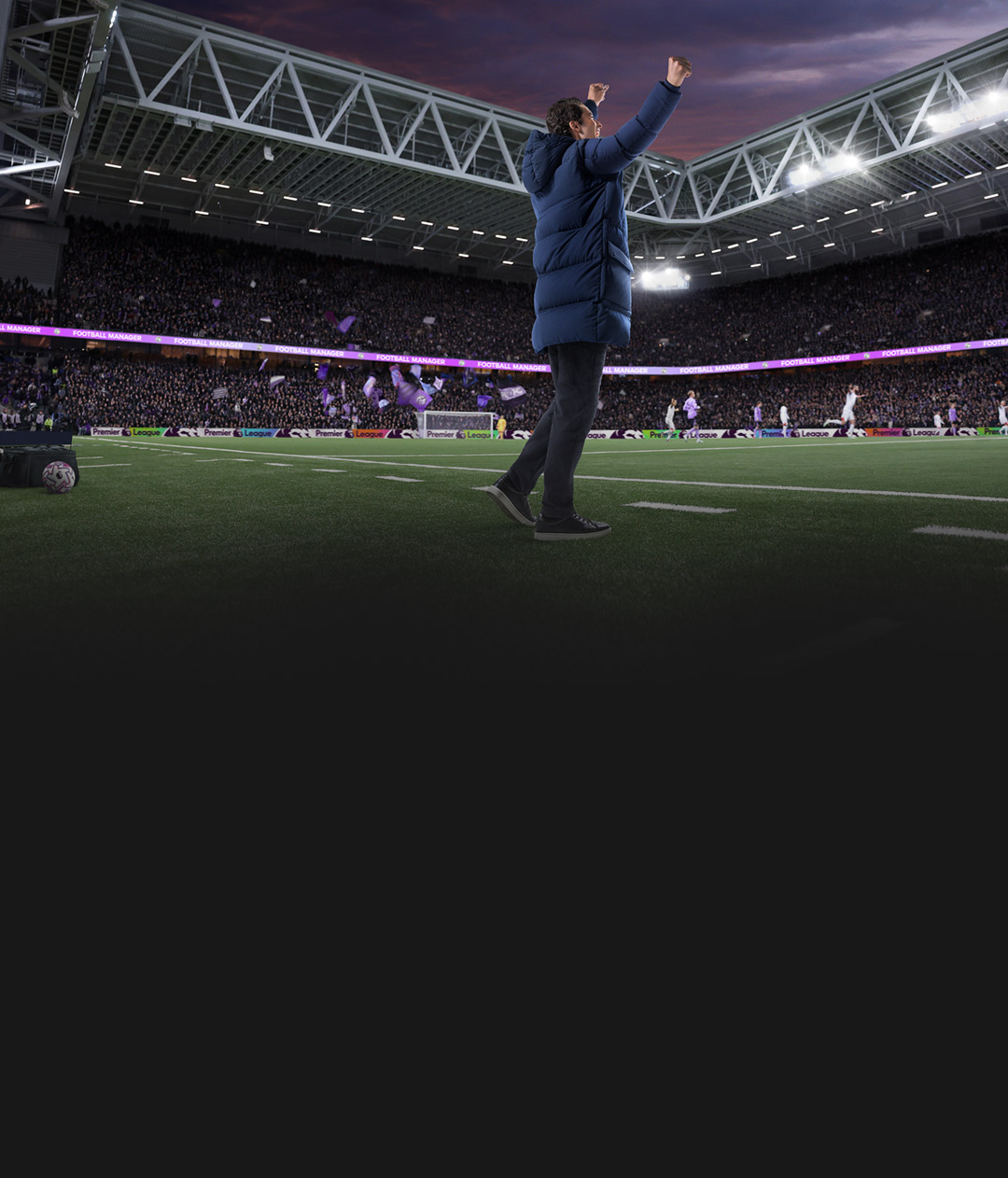 Football Manager 26 game background featuring football stadium and players