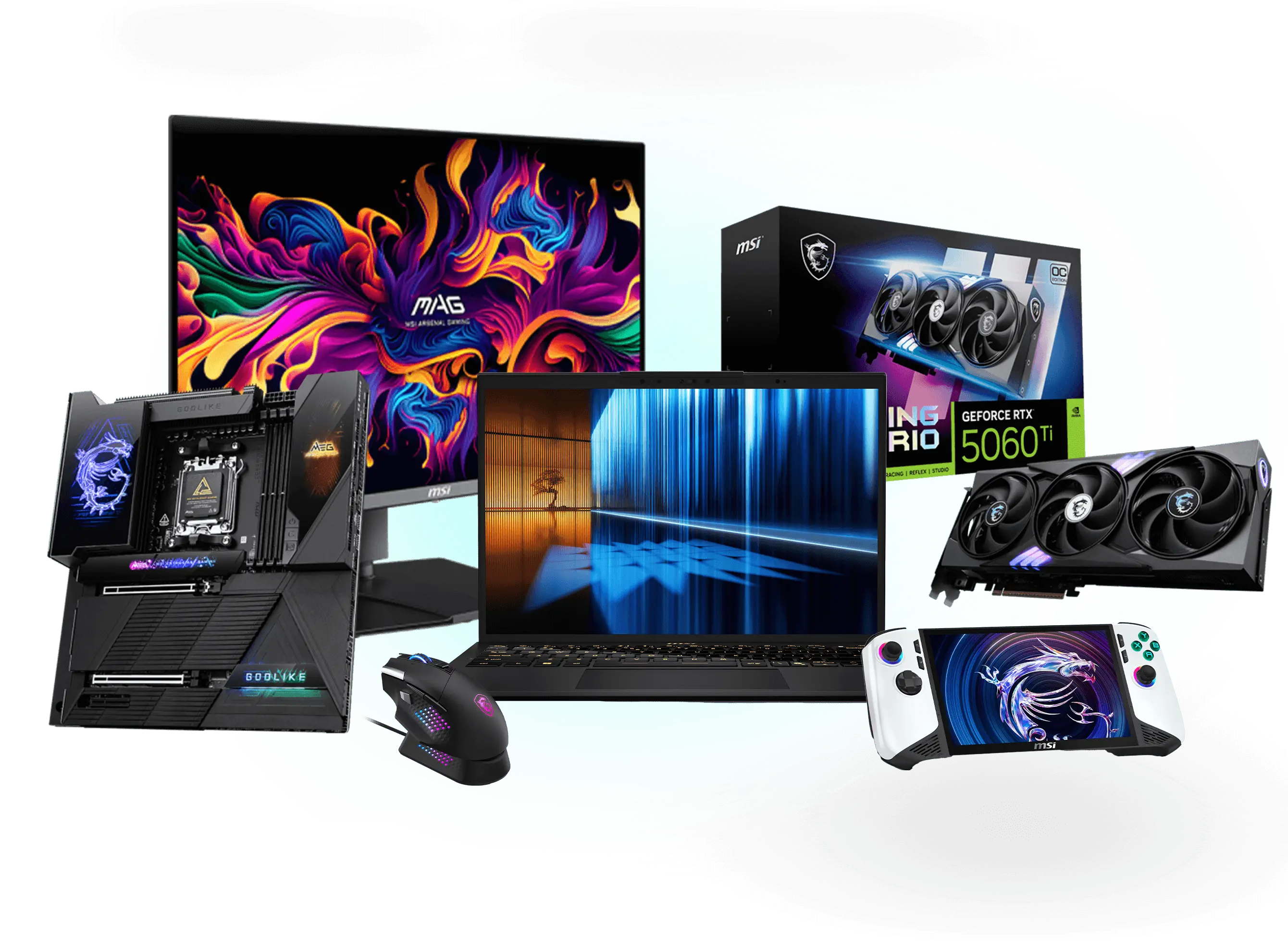 Complete collection of MSI gaming products including laptops, desktops, graphics cards and peripherals