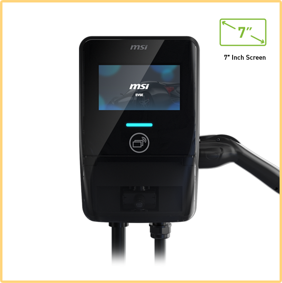 MSI EV Charger with 7-inch display screen showing charging status and controls