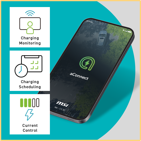 MSI aConnect mobile app interface showing EV charger management and monitoring features
