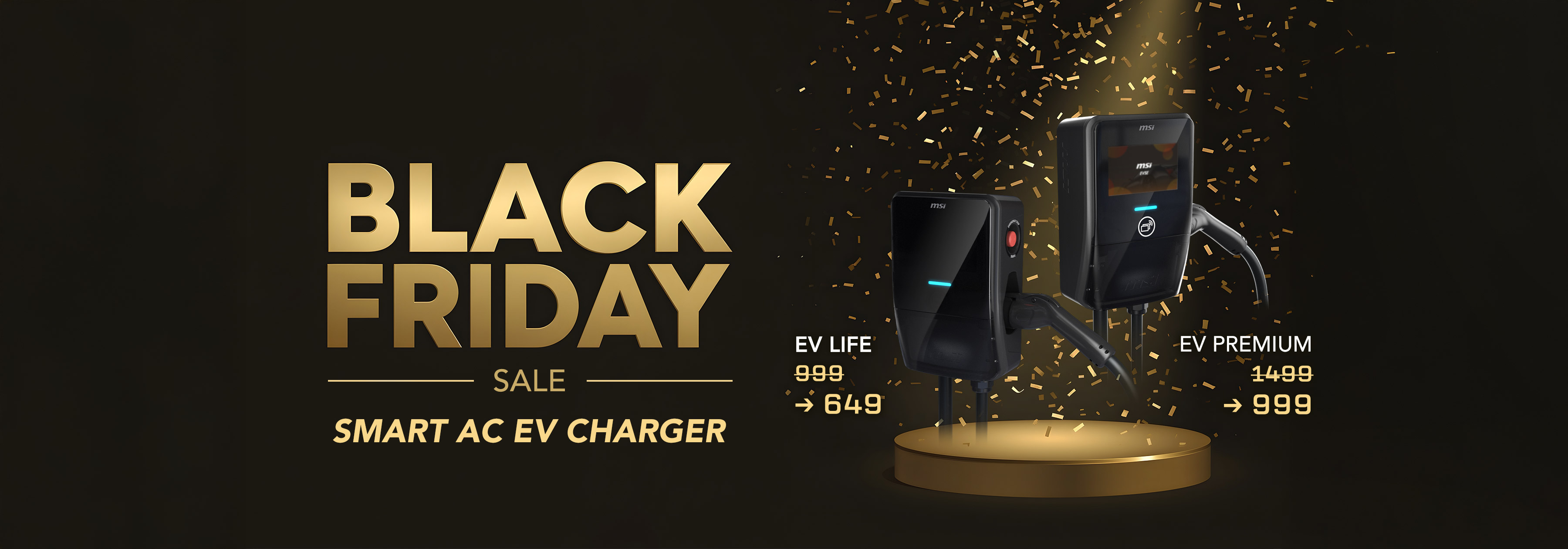 MSI EV Charger Black Friday promotion banner showing the premium electric vehicle charging station
