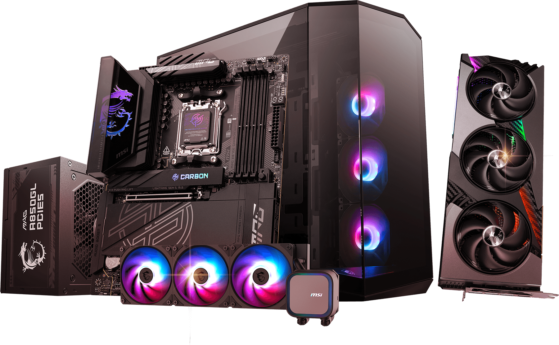 MSI Powered By MSI Gaming PC showcase featuring high-performance RTX 50 series graphics cards and Intel/AMD processors at COMEX 2025 Singapore
