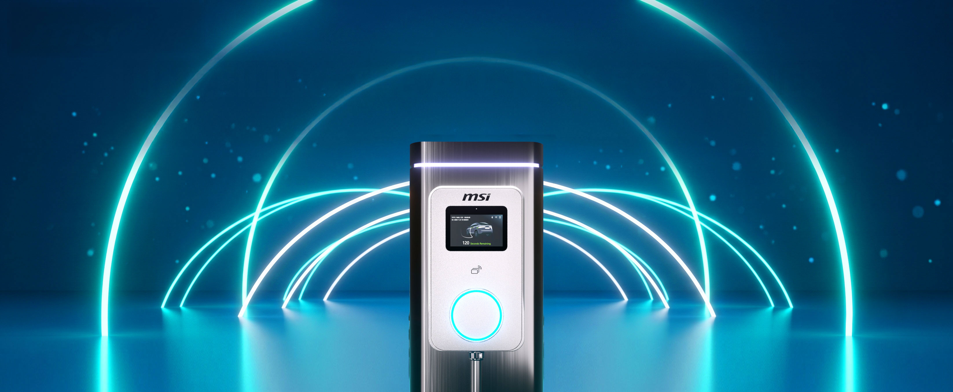 MSI EVSE Eco Series electric vehicle charger with glowing cyan light ring