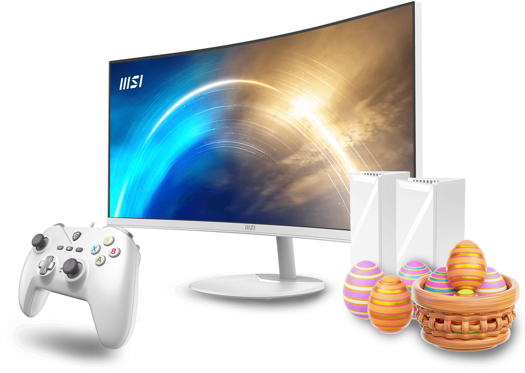 Selected MSI monitors, cases, and peripherals featured in the Easter deals promotion.
