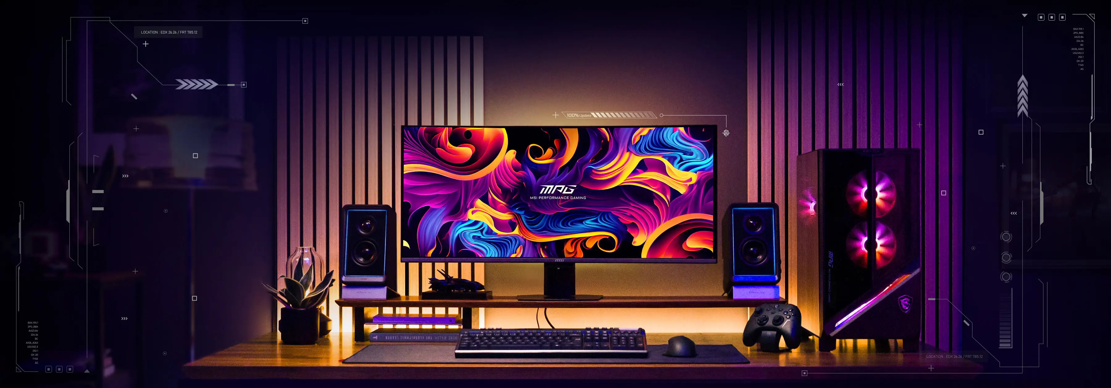 MSI QD-OLED campaign hero visual with 34-inch and 32-inch monitor setup