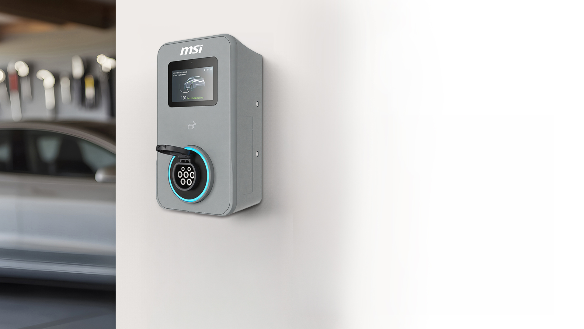 5-inch smart display on MSI Eco Premium EV charger showing real-time information