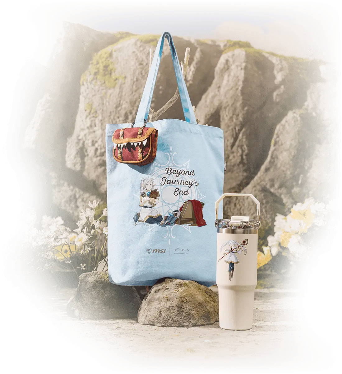 Frieren Edition canvas tote bag and tumbler product shot