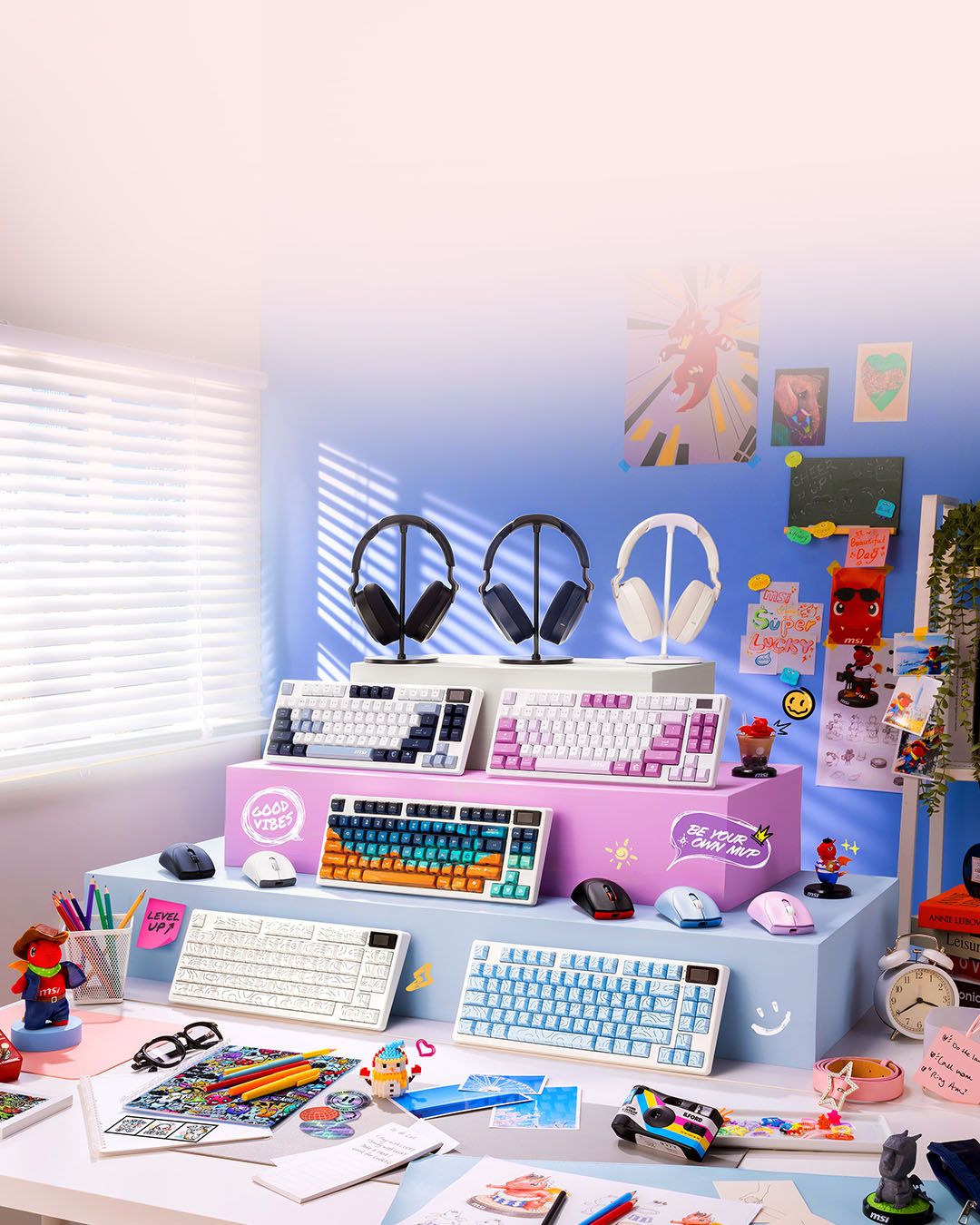 Colorful desk setup with MSI peripherals and creative decorations