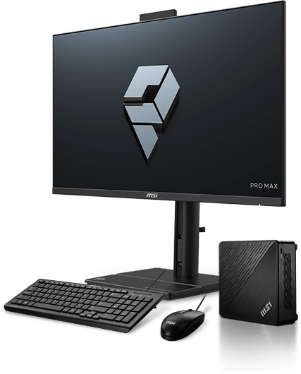 MSI PRO MAX monitor with keyboard, mouse, and Mini PC