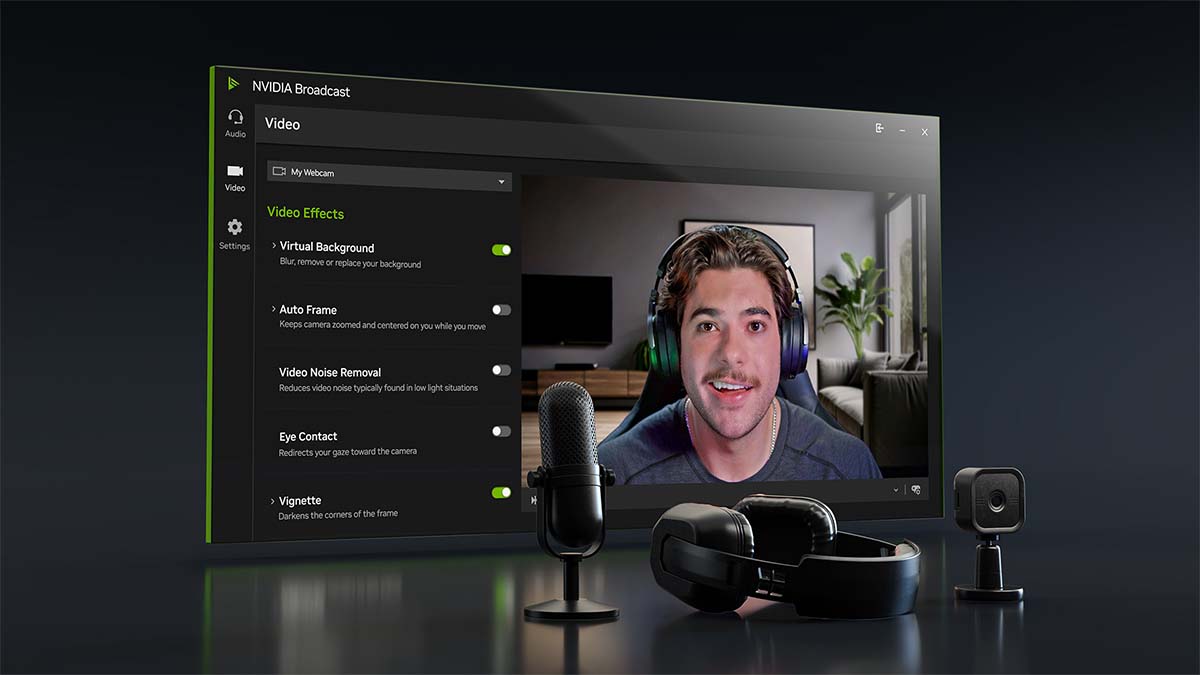 NVIDIA Broadcast AI features for video calls with virtual background and noise removal