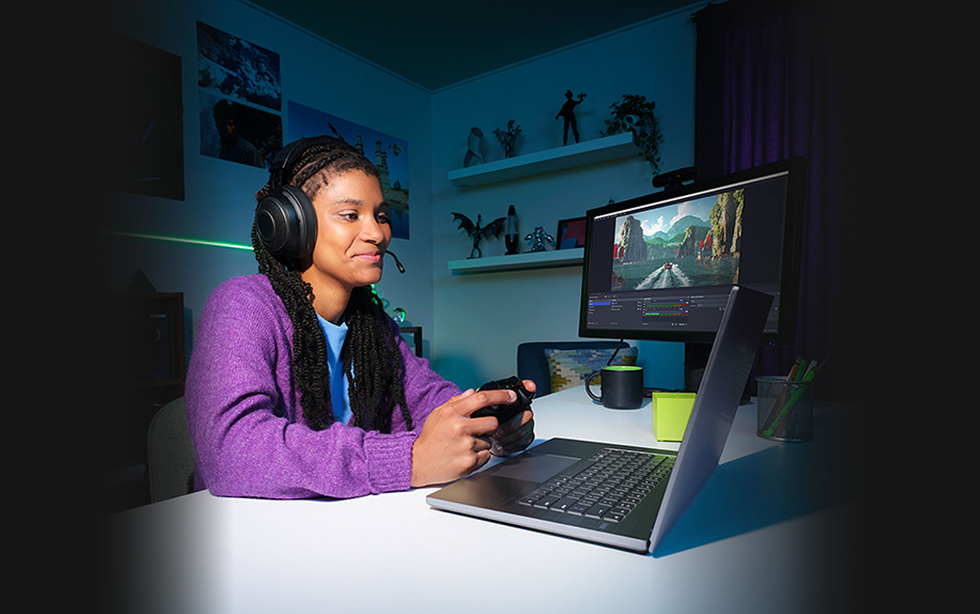 Student gaming on MSI laptop with headset and controller