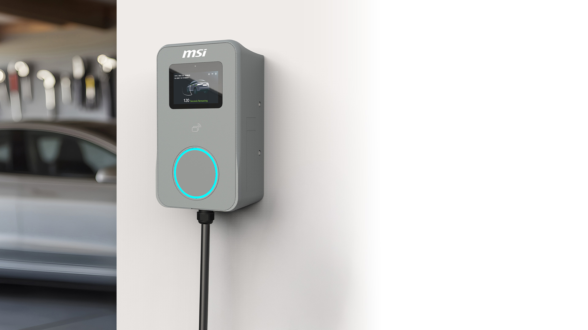 5-inch smart display on MSI Eco Premium EV charger showing real-time information
