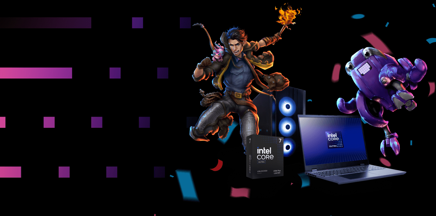 Intel Core Ultra gaming PC, laptop, and processor packaging with game characters