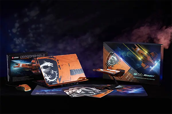 MSI x Colie Wertz Dragonshield Edition: GE66 Raider reimagined as a galactic starship with heavy industrial textures.