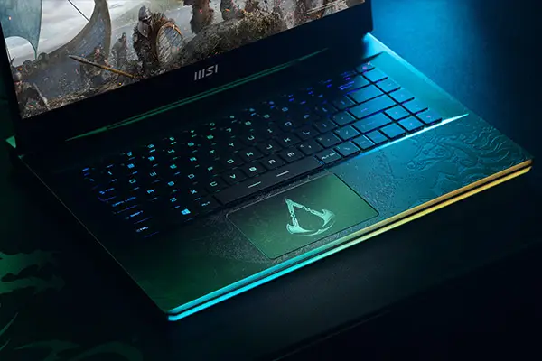 MSI x Assassin's Creed Valhalla GE66 Raider: Featuring etched Norse runes and Viking battle textures.