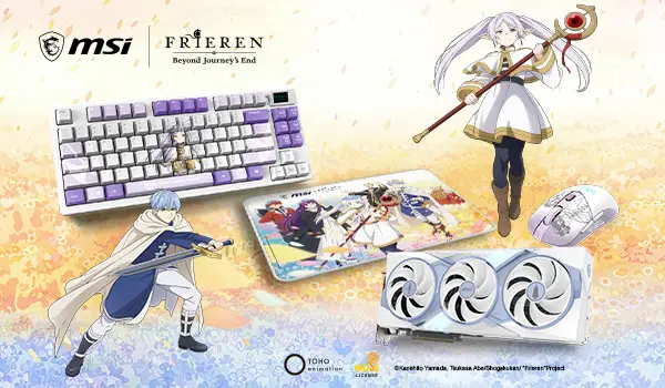 MSI x Frieren: Beyond Journey's End Edition featuring RTX 5070 Ti, FORGE TKL keyboard, and VERSA mouse.