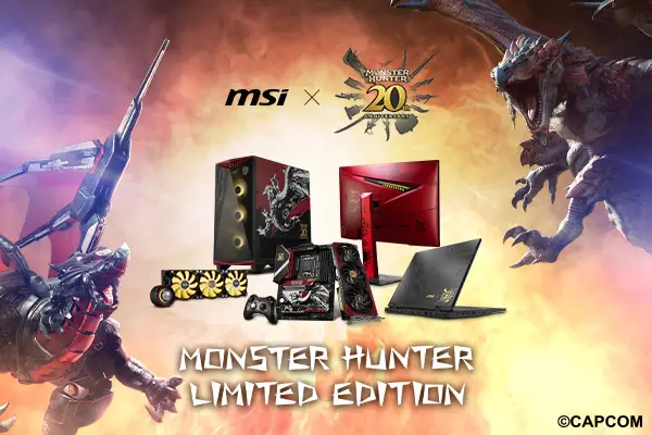 MSI x Monster Hunter 20th Anniversary: Featuring Rathalos-inspired textures and Soulful Red design on laptops and components.