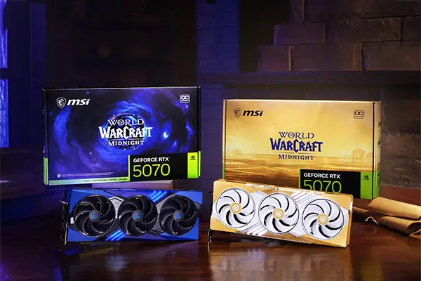 MSI x World of Warcraft Midnight Edition RTX 5070 12G: Dual designs representing Holy Light and Void powers.