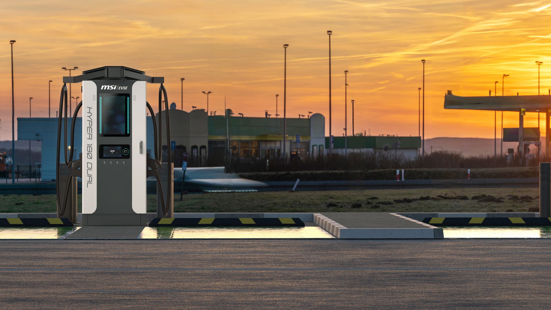 MSI Hyper 180 Dual DC charging station with dual charging connectors at a commercial parking lot