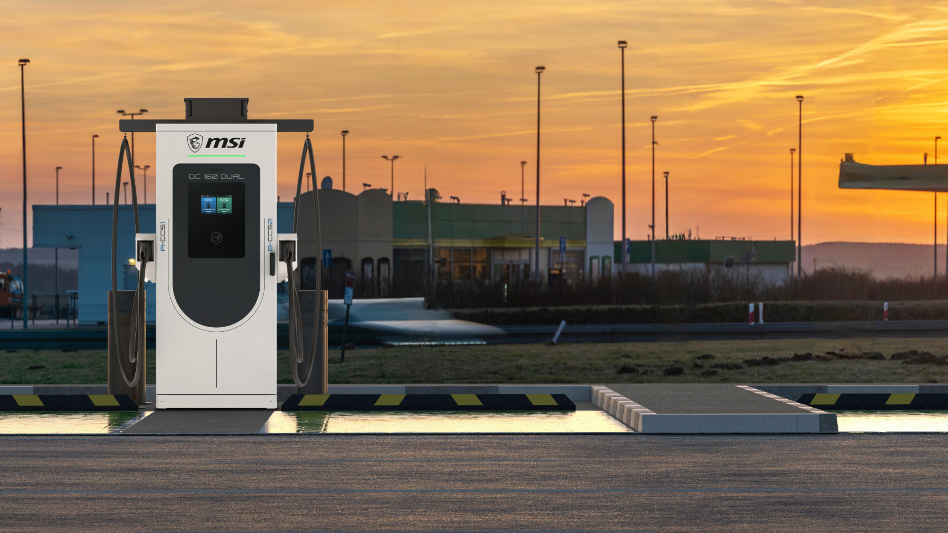MSI DC Dual Series DC charging station with dual charging connectors at a commercial parking lot