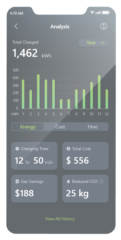 aConnect charging history and energy usage charts