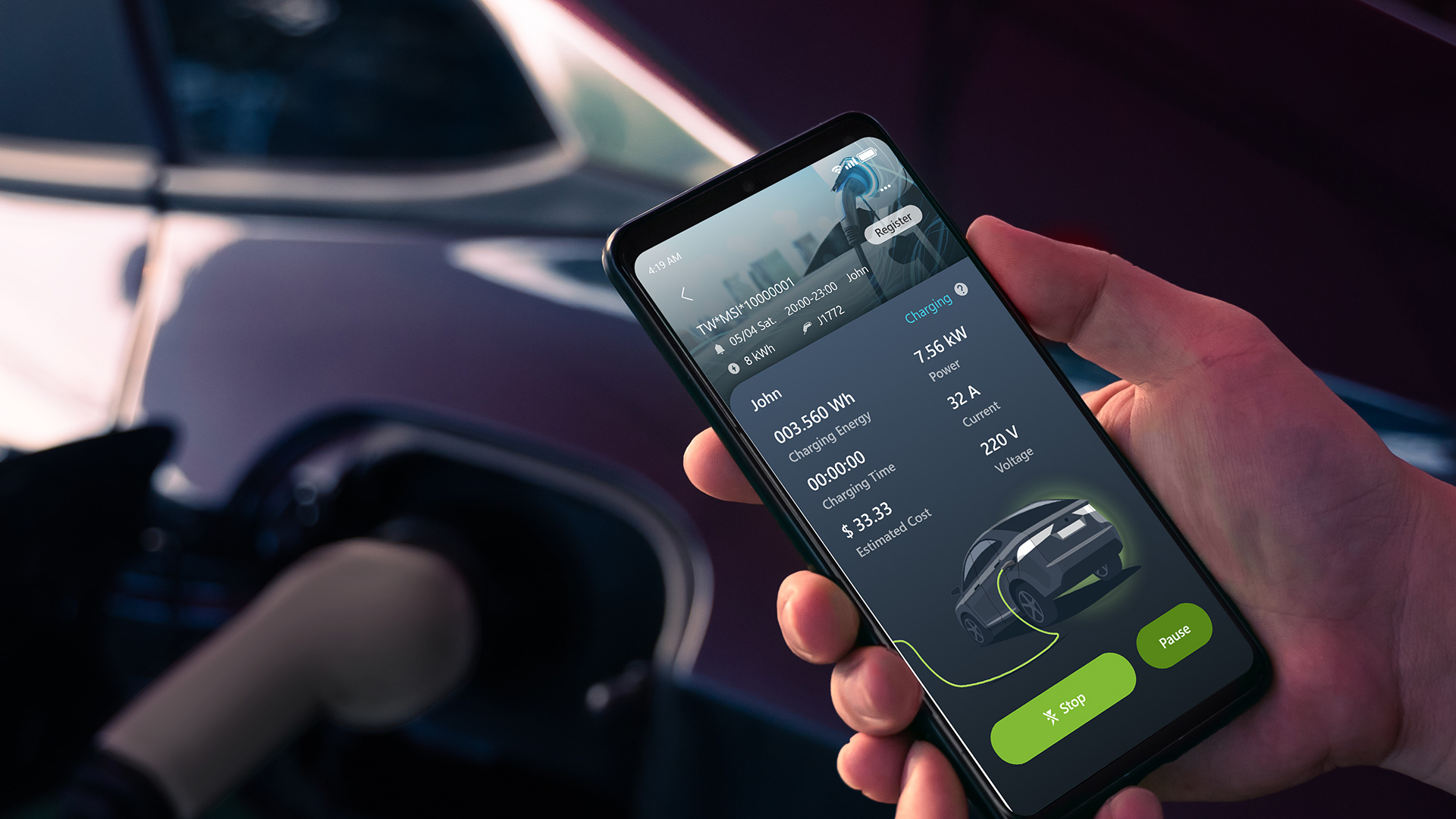 MSI aConnect mobile app interface showing live EV charging status and schedule controls