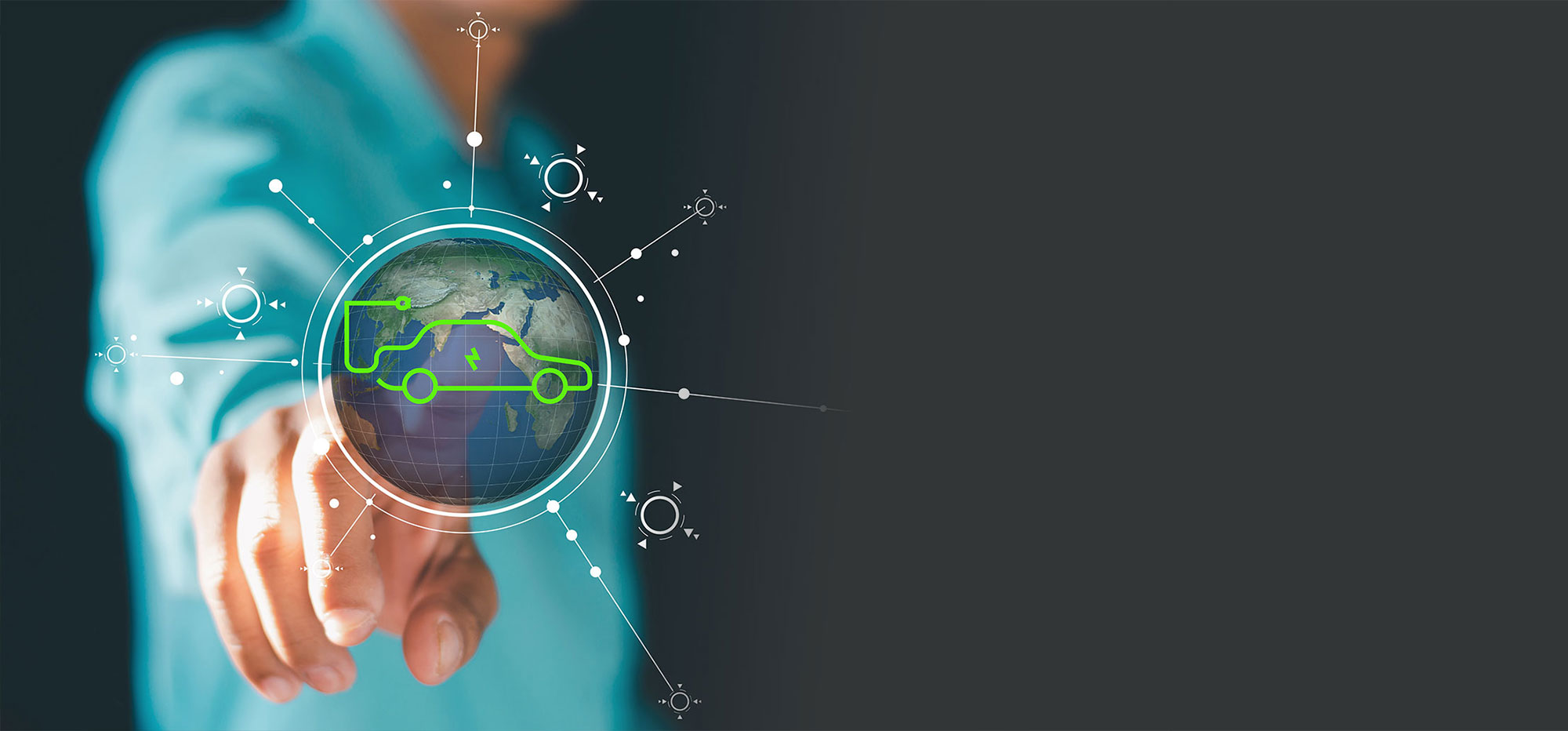 An EV ready to charge extending in multiple directions