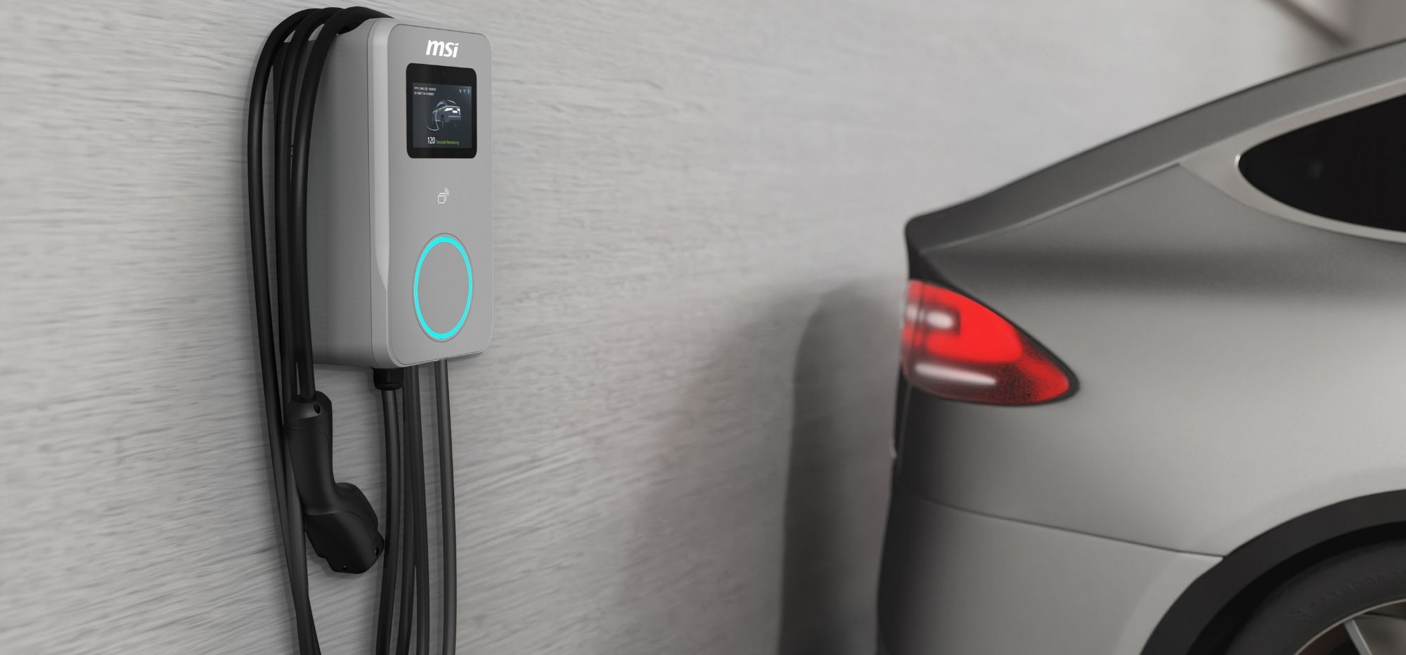 Eine lange Reihe installierter MSI EV-Ladegeräte auf einem Parkplatz mit Lastmanagement.