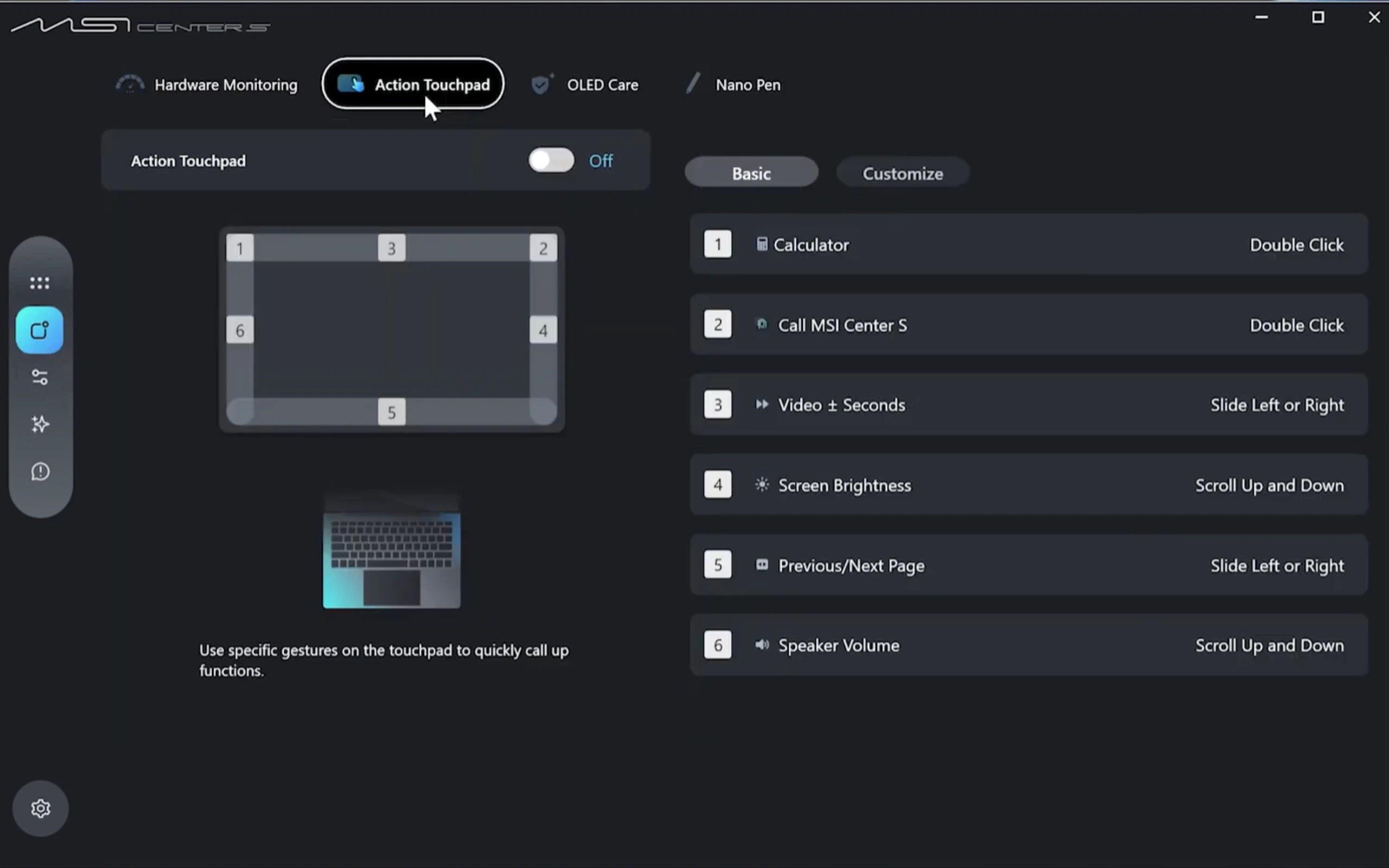 Action Touchpad - menu Basic