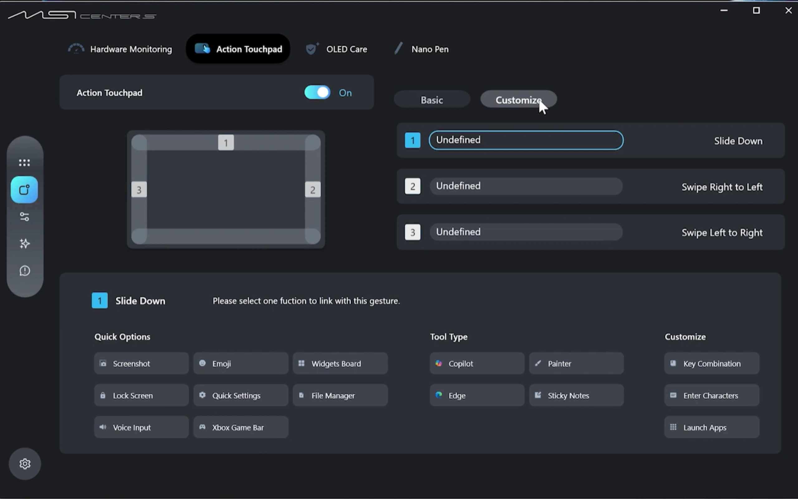 Action Touchpad - menu Customise