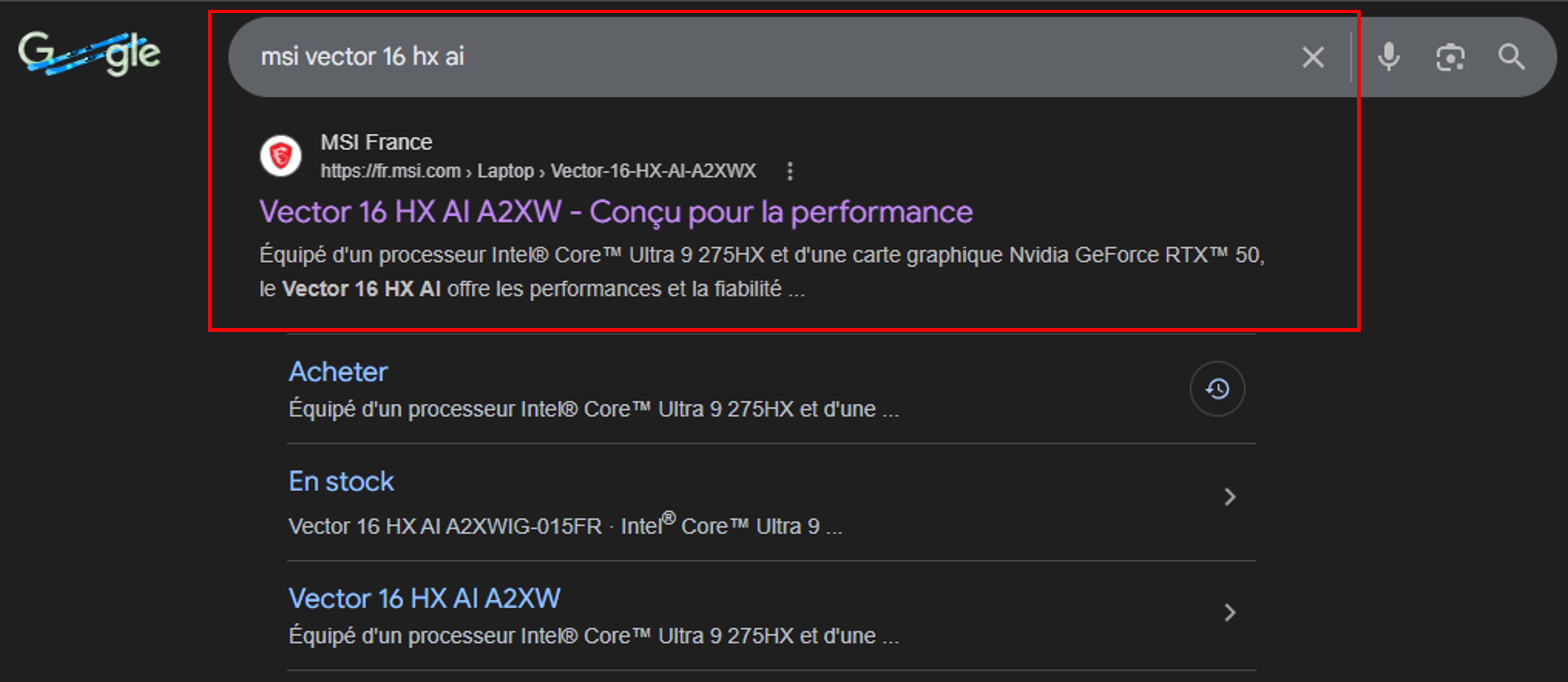 Recherche modèle MSI sur Google