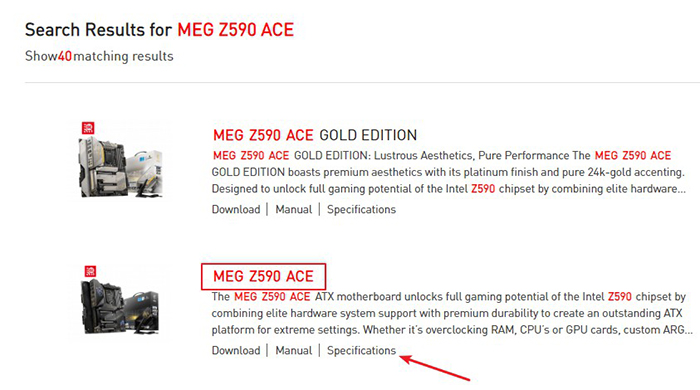 Search MEG Z590 ACE