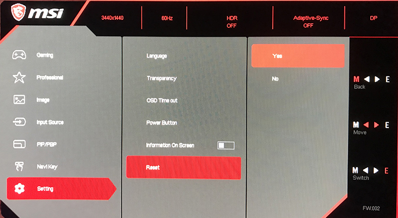 Access monitor OSD menu – load factory default settings