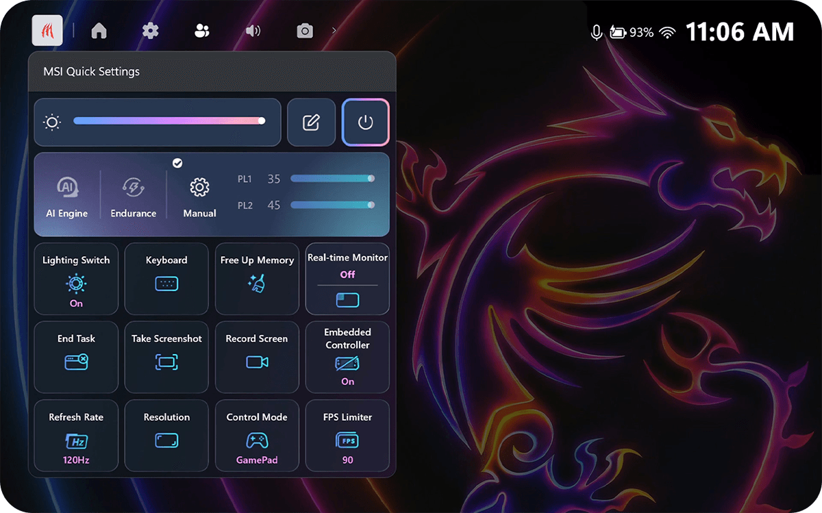 MSI Center Quick Settings Screen