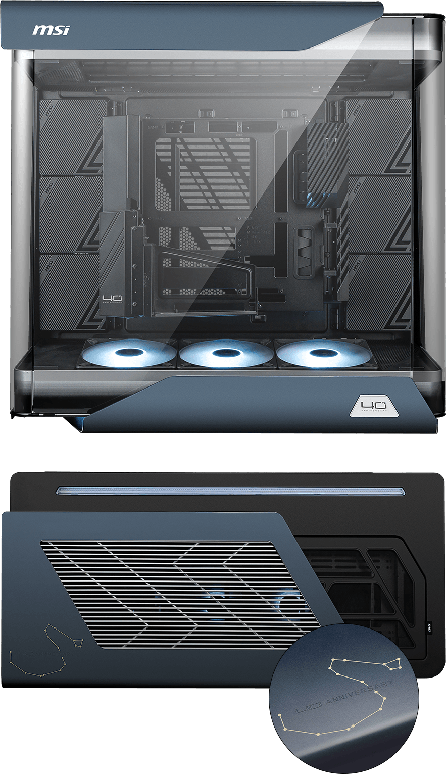 MSI MEG MAESTRO 900R DRACO EPIC EDITION PC case with deep blue aluminum panels and Draco constellation detail