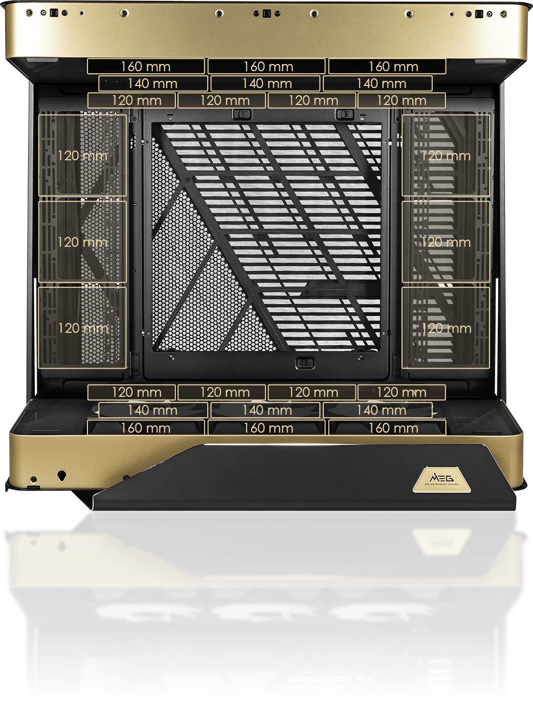 MSI MEG Maestro 900R fan mounting configuration diagram supporting up to 14x 120 mm fans