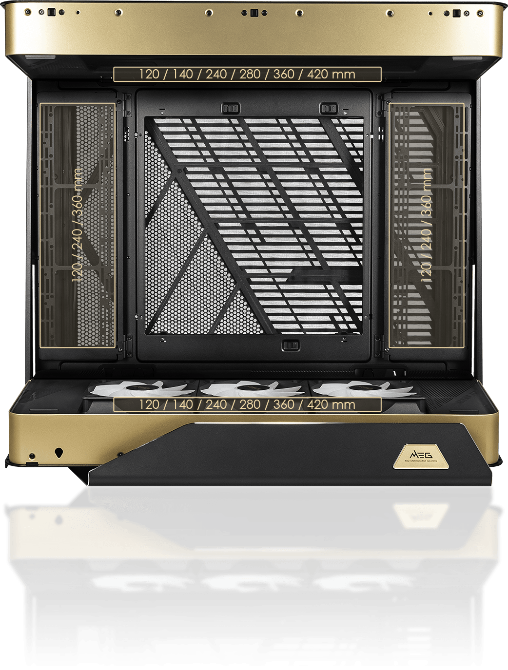 MSI MEG Maestro 900R radiator mounting configuration supporting up to 2x 420 mm radiators