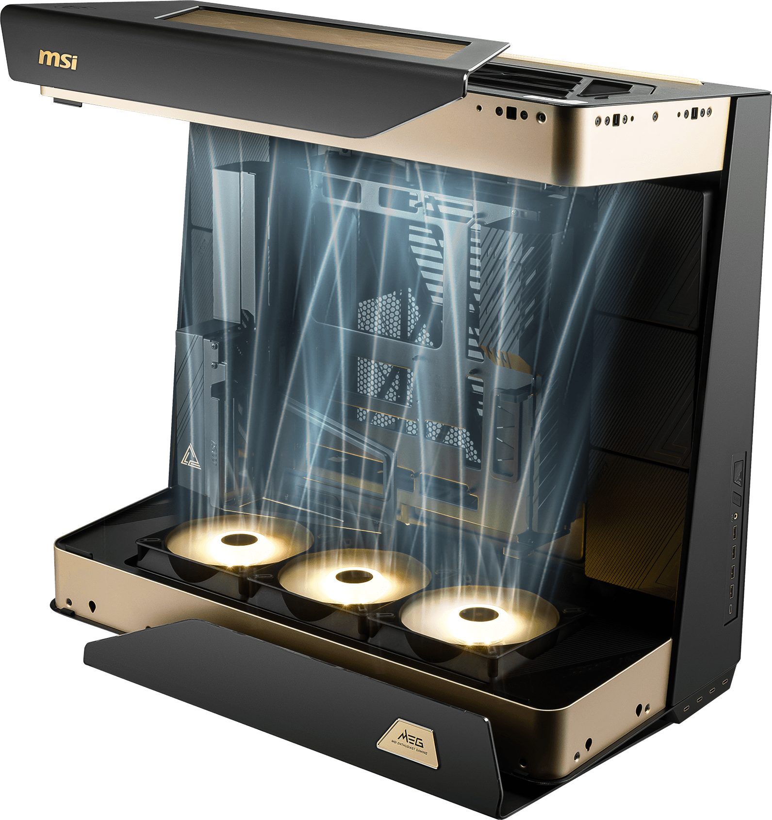 MSI MEG Maestro 900R extreme cooling internal layout with separated heat zones and vertical airflow