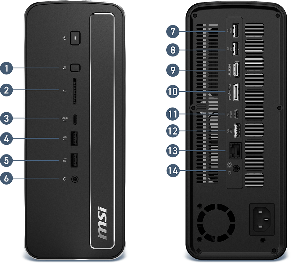 Front and rear I/O ports of MSI compact desktop