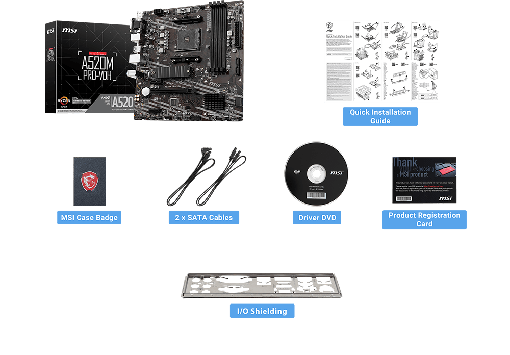 MSI A520M PRO-VDH package content