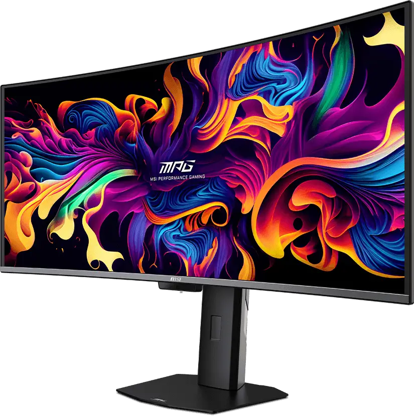 MSI MPG 341CQR QD-OLED X36 34-inch curved ultrawide gaming monitor showing colorful artwork on screen