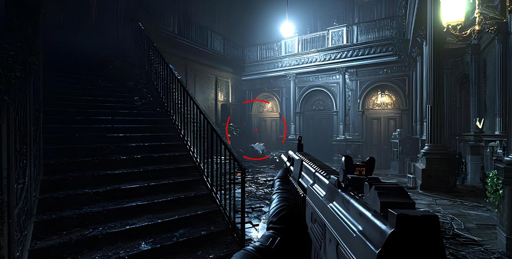 MSI monitor AI Crosshair on dark game scene