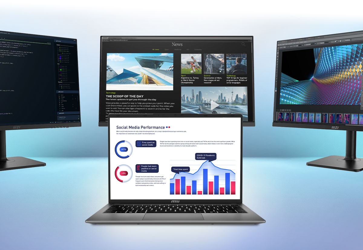 MSI Modern A14 laptop with external monitors for Matrix Display 1+3 multitasking