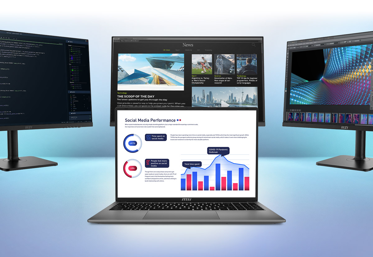 MSI Modern A16 laptop with external monitors for Matrix Display 1+3 multitasking