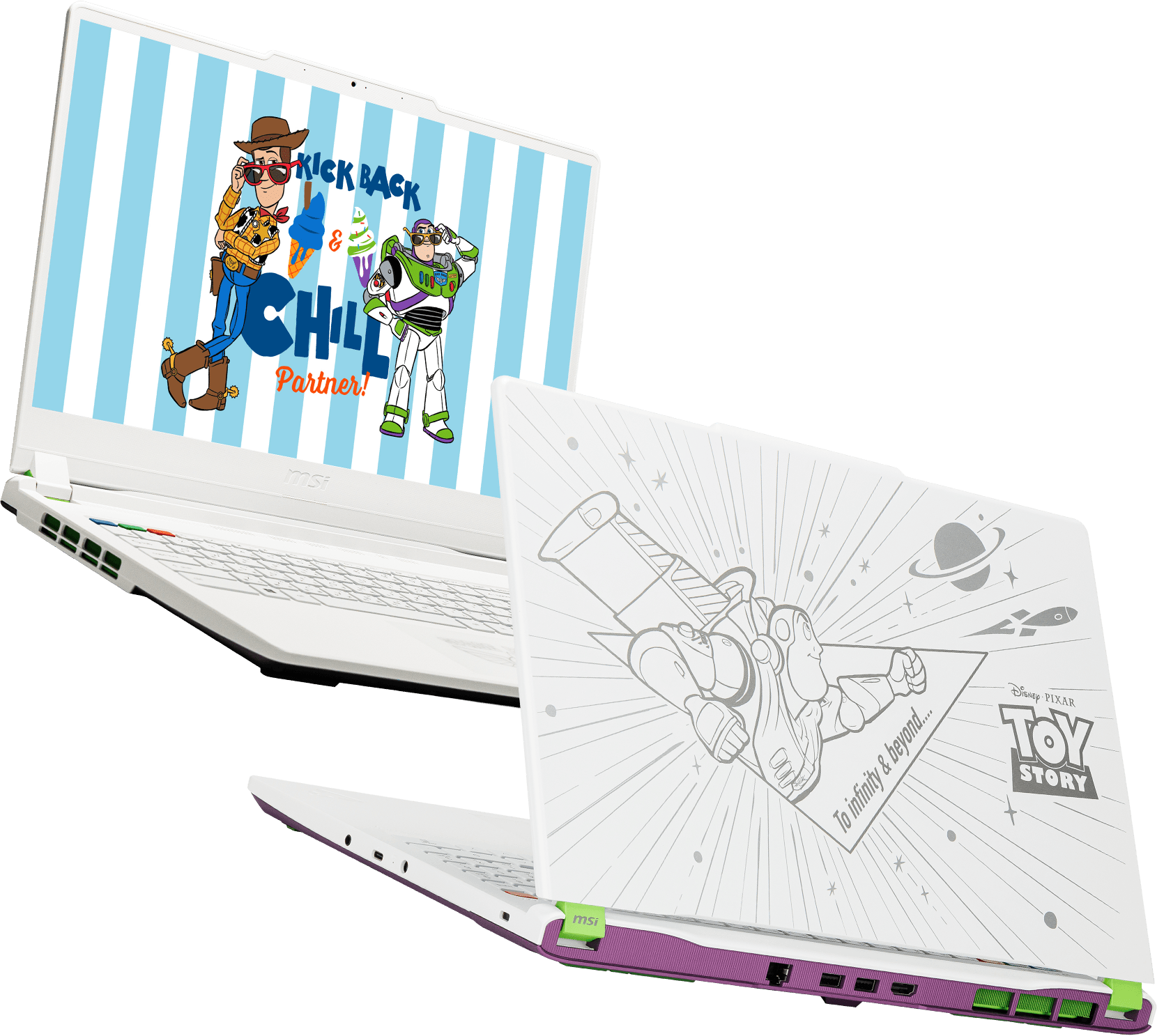 MSI Cyborg 15 C13W Toy Story edition laptop showing 21mm thin profile and 1.98kg lightweight Buzz Lightyear inspired design
