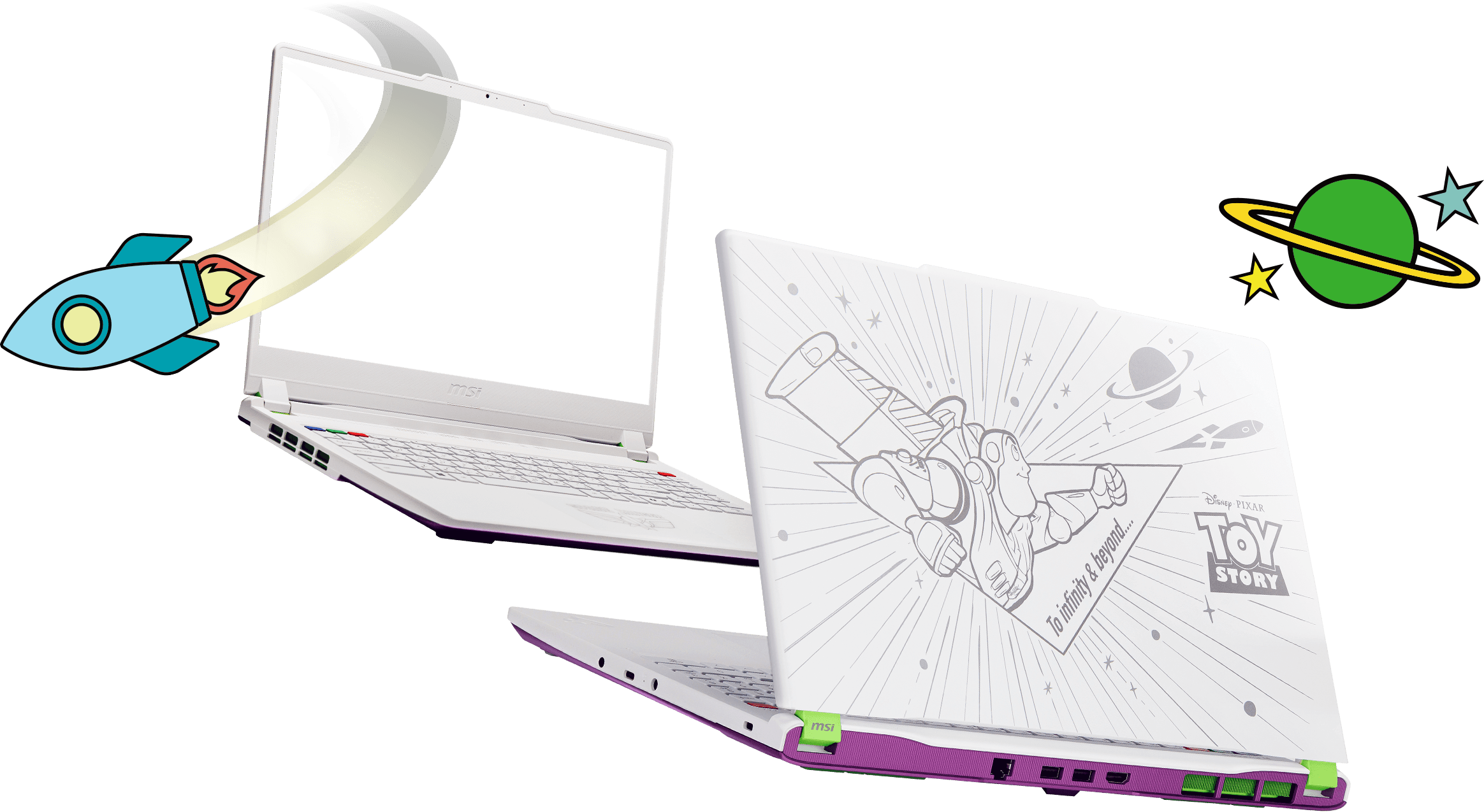 MSI Cyborg 15 C13W Toy Story edition laptop hero product image with Buzz Lightyear inspired design
