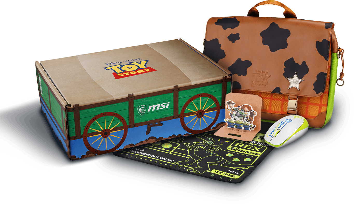 MSI Cyborg 15 Toy Story edition laptop with themed packaging boxes