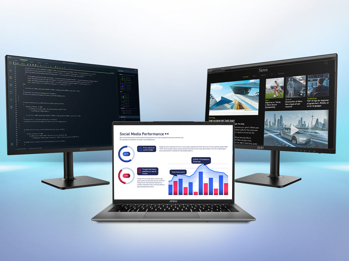 MSI Modern 14 laptop with external monitors for Matrix Display 1+2 multitasking
